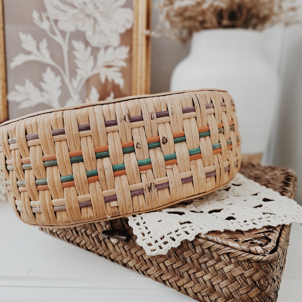 Vintage Rattan Woven Wicker Hanging Basket Handbag with Cloth Floral Pattern - Picture 4 of 8